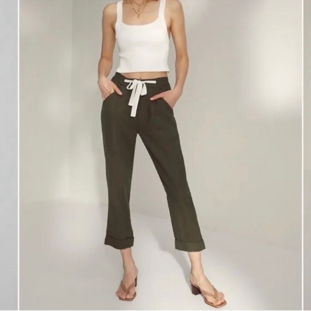 Aritzia Wilfred Allant Linen High Rise Tie Waist Pants Green Size 8